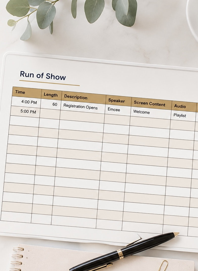 Printed run of show worksheet on a desk